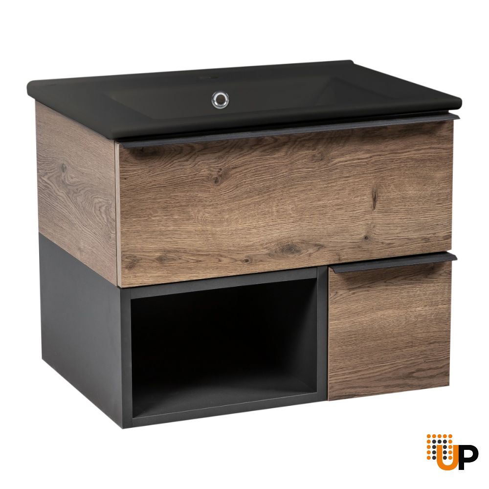 Modern Wall-Mount Bathroom Vanity with Black Washbasin | Monroe Antracite Alicante Collection | Non-Toxic Fire-Resistant MDF | Buy Vanity Online