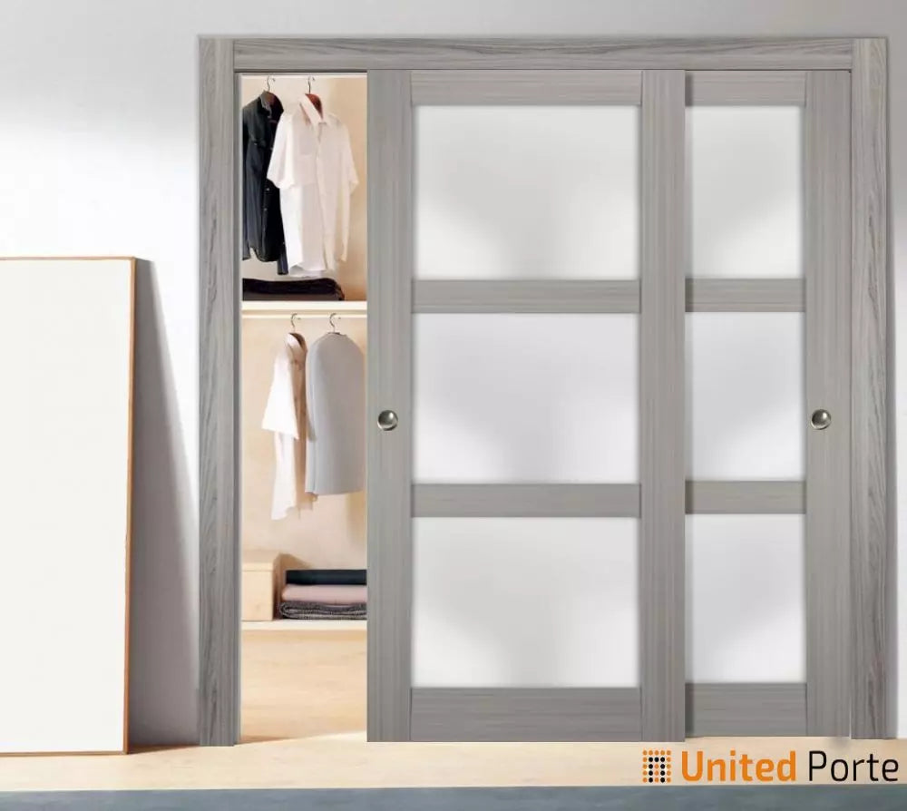Sliding Closet Bypass Doors with Frosted Glass | Wood Solid Bedroom Wardrobe Doors | 2552