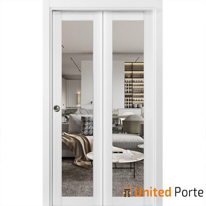 Sliding Closet Bi-fold Door with Clear Glass | Wood Solid Bedroom Wardrobe Doors | Buy Doors Online