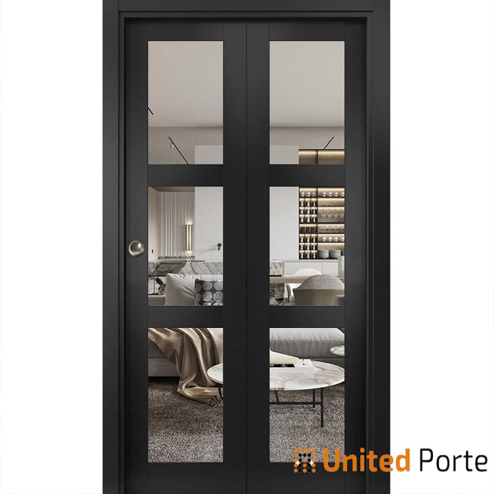 Sliding Closet Bi-fold Doors with Clear Glass | Wood Solid Bedroom Wardrobe Doors | Buy Doors Online