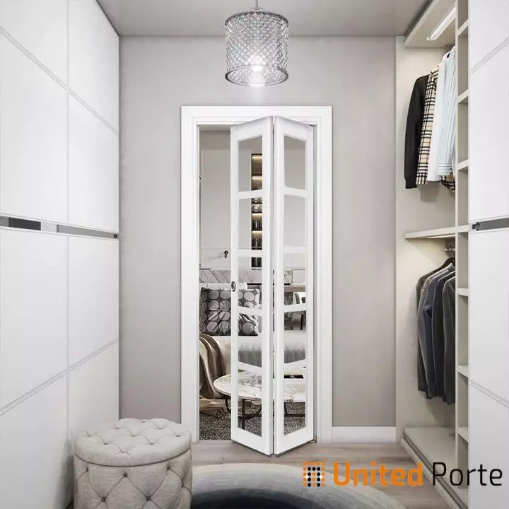 Sliding Closet Bi-fold Door with Clear Glass | Wood Solid Bedroom Wardrobe Doors | Buy Doors Online