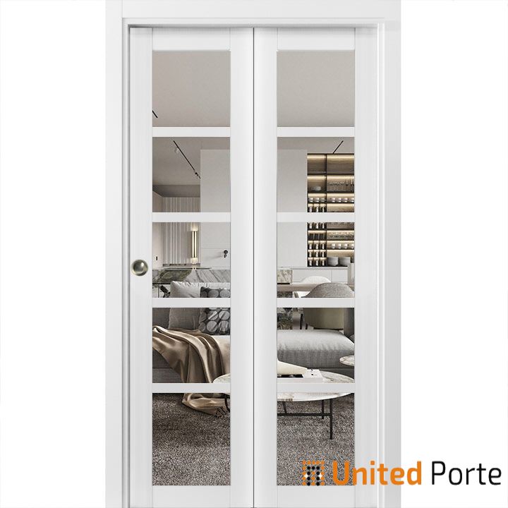 Sliding Closet Bi-fold Door with Clear Glass | Wood Solid Bedroom Wardrobe Doors | Buy Doors Online