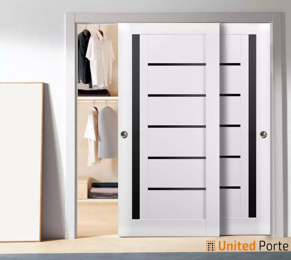 Sliding Closet Bypass Door with Black Glass | Wood Solid Bedroom Wardrobe Doors | Buy Doors Online