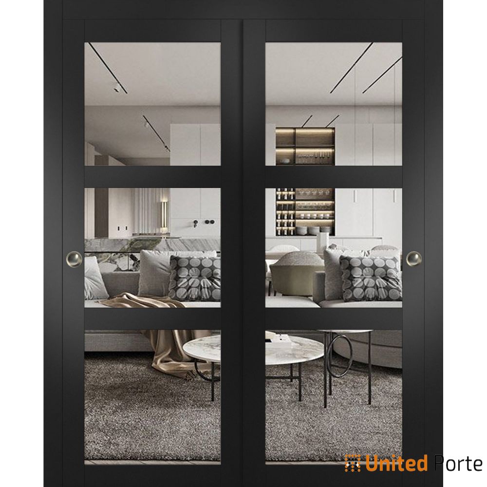 Sliding Closet Bypass Door with Clear Glass | Wood Solid Bedroom Wardrobe Doors | Buy Doors Online