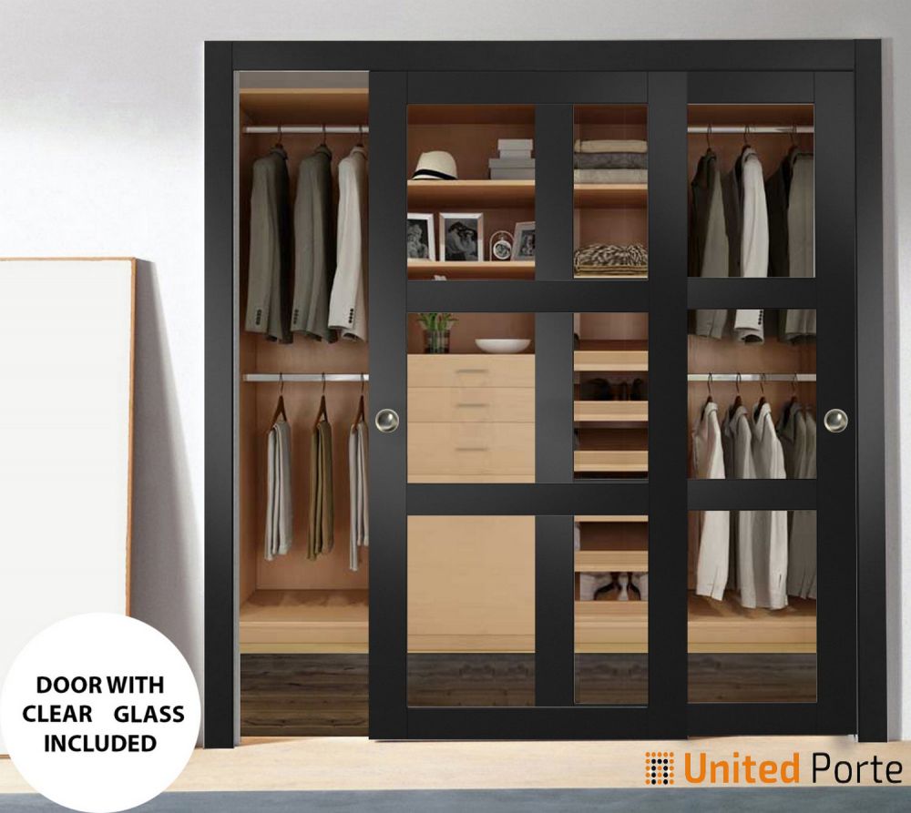 Sliding Closet Bypass Door with Clear Glass | Wood Solid Bedroom Wardrobe Doors | Buy Doors Online