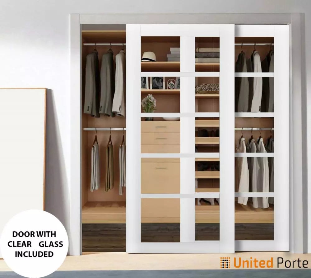Sliding Closet Bypass Door with Clear Glass | Wood Solid Bedroom Wardrobe Doors | Buy Doors Online