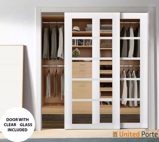 Sliding Closet Bypass Door with Clear Glass | Wood Solid Bedroom Wardrobe Doors | Buy Doors Online