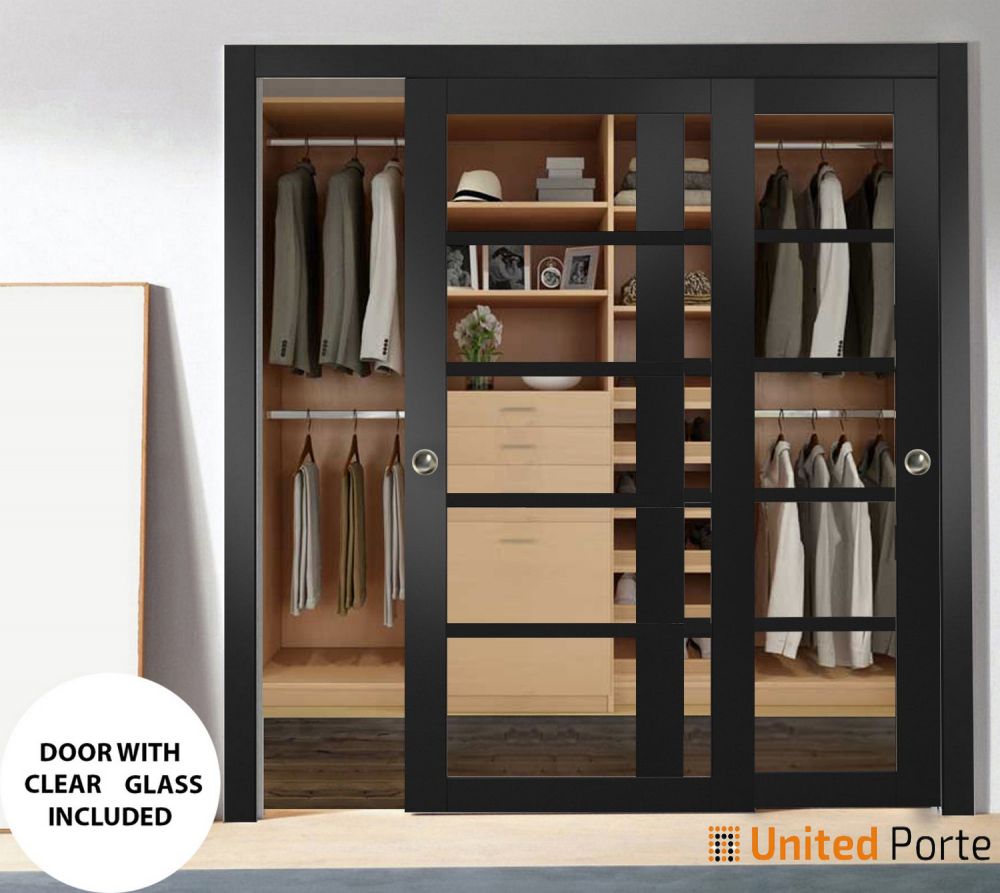 Sliding Closet Bypass Door with Clear Glass | Wood Solid Bedroom Wardrobe Doors | Buy Doors Online