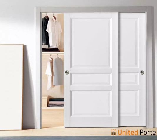 Sliding Closet Bypass Door with Decorative Panels | 3-Panels Wooden Solid Doors | Buy Doors Online