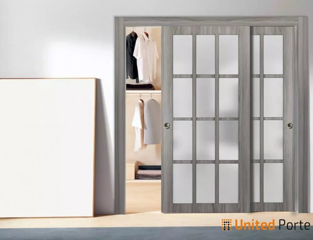 Sliding Closet Bypass Doors with 12 Lites Frosted Glass | Wood Solid Bedroom Wardrobe Doors | Buy Doors Online