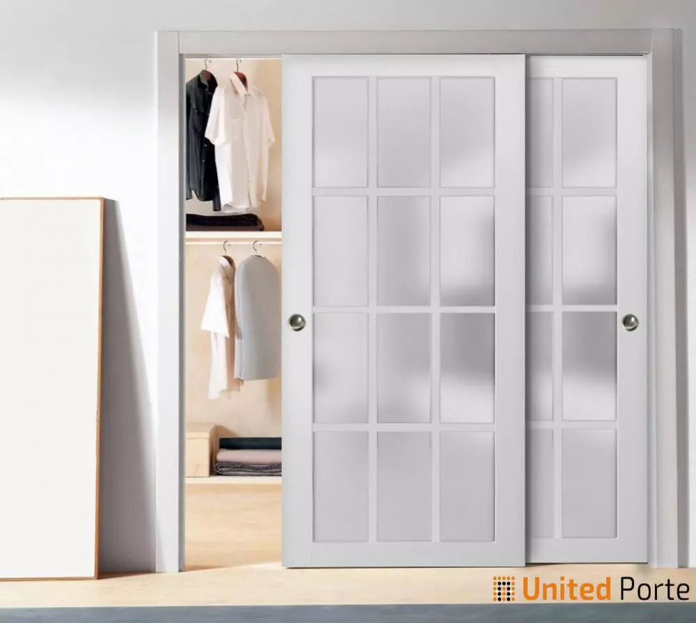 Sliding Closet Bypass Doors with 12 Lites Frosted Glass | Wood Solid Bedroom Wardrobe Doors | Buy Doors Online