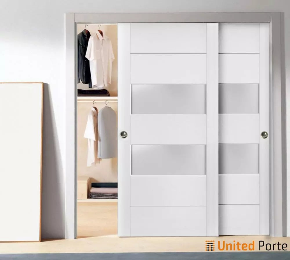 Sliding Closet Bypass Doors with Frosted Glass | Wood Solid Bedroom Wardrobe Doors | Buy Doors Online