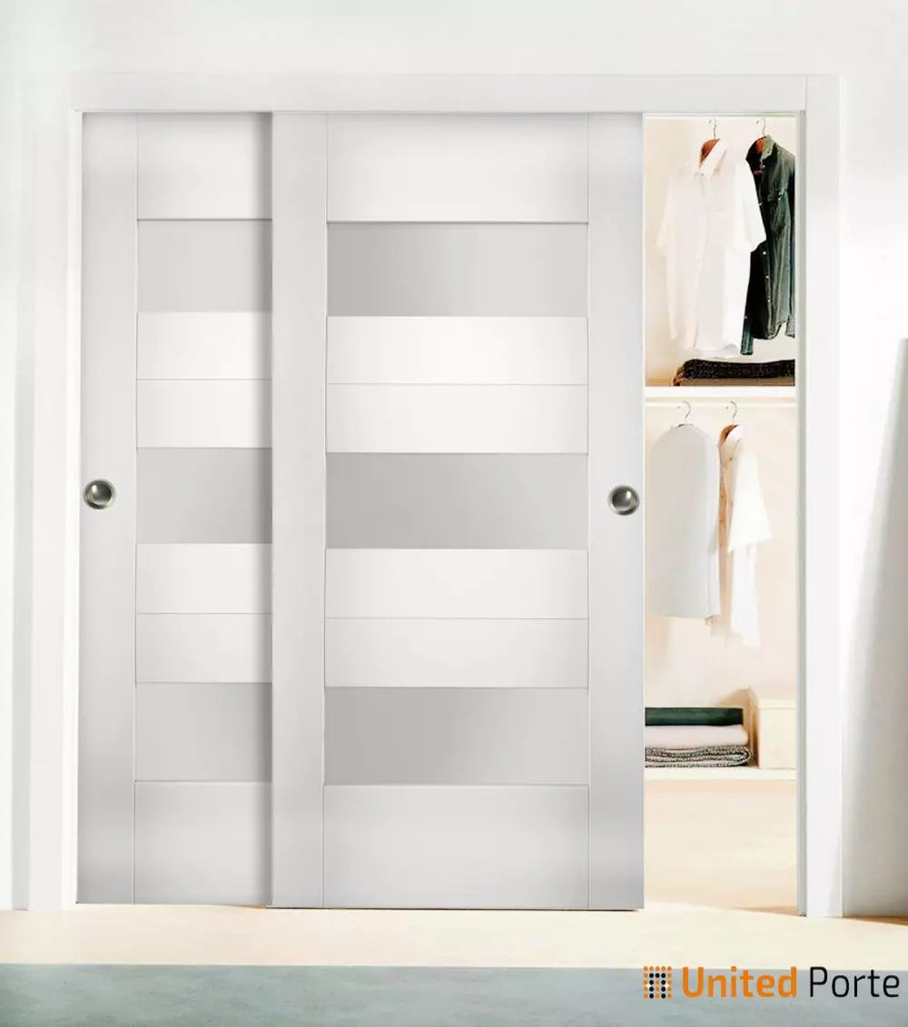 Sliding Closet Bypass Door with Opaque Glass Wood Solid Bedroom Wardrobe Doors 6003