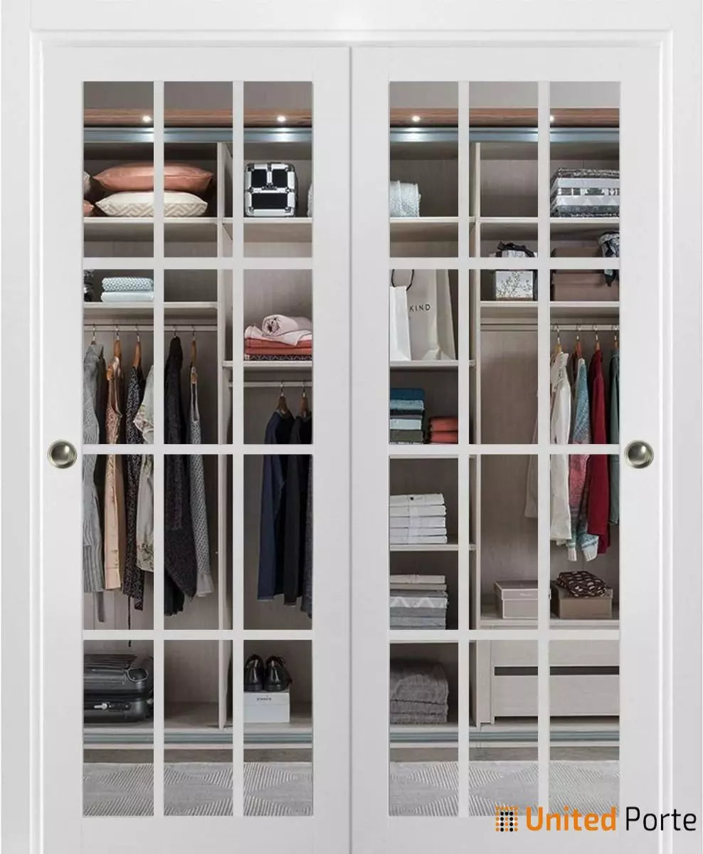 Sliding Closet French Bypass Door with Clear Glass | Wood Solid Bedroom Wardrobe Doors | Buy Doors Online