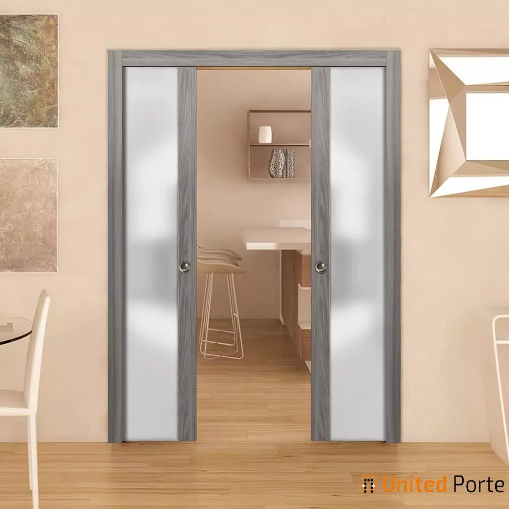 Sliding Double Pocket Door with Frosted Tempered Glass | Solid Wood Interior Sturdy Doors | Buy Doors Online