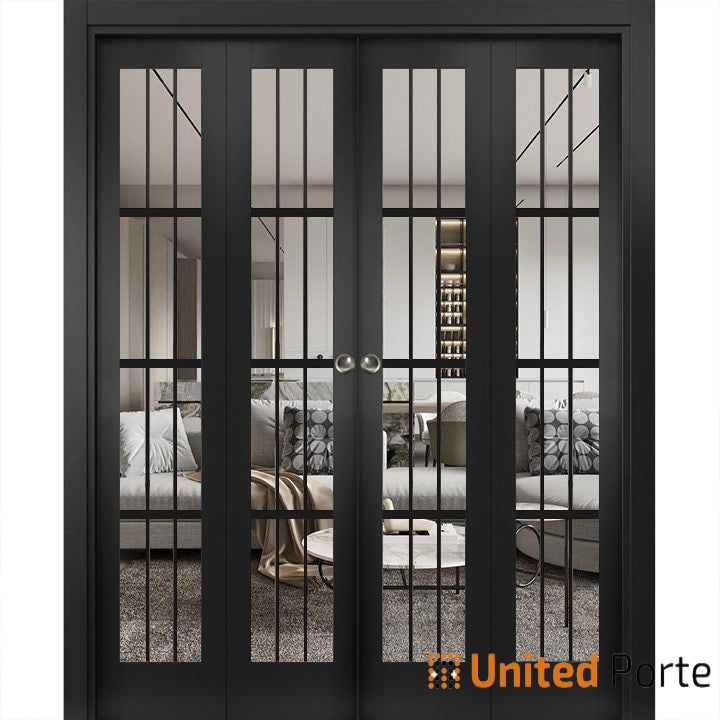 Sliding French Closet Bi-fold Door with Clear Glass | Wood Solid Bedroom Wardrobe Doors | Buy Doors Online