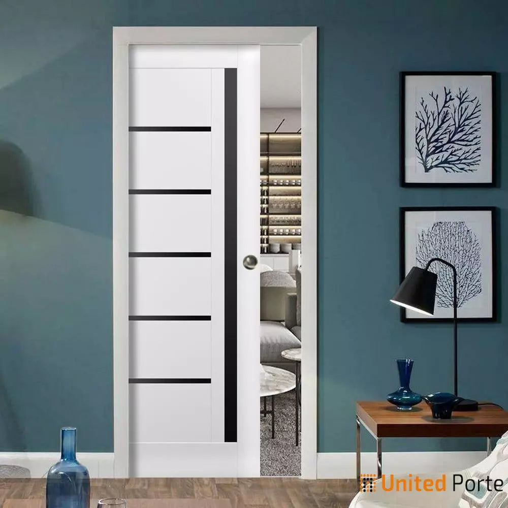 Sliding French Pocket Door with Black Glass | Wood Interior Bedroom Sturdy Doors | Buy Doors Online