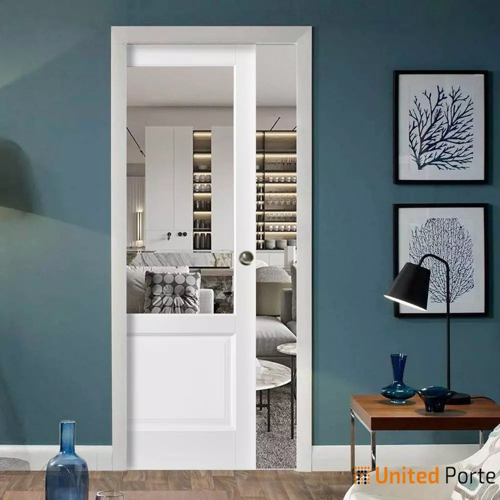 Sliding French Pocket Door with Clear Glass | Solid Wood Interior Bedroom Sturdy Doors | Buy Doors Online
