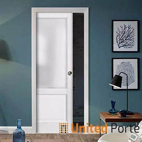 Sliding French Pocket Door with Frosted Glass | Solid Wood Interior Bedroom Sturdy Doors | Buy Doors Online