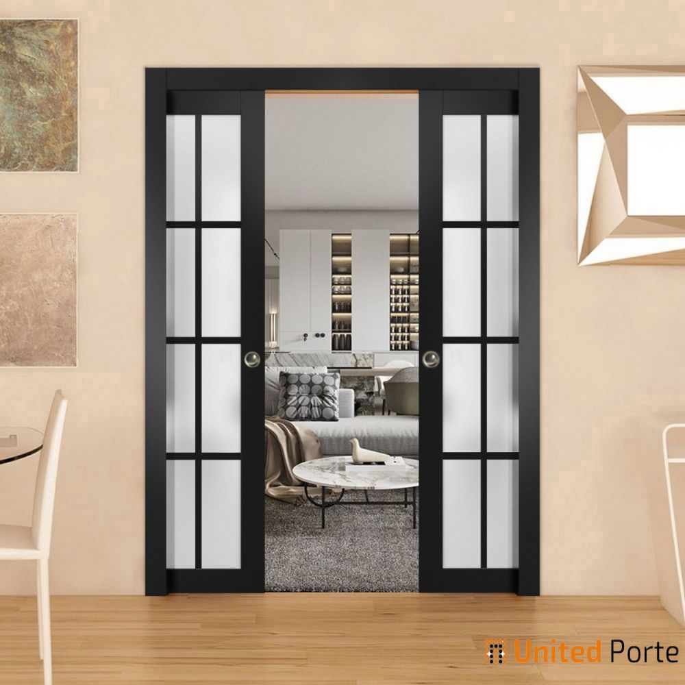 Sliding French Pocket Door with 12 Lites Frosted Glass | Solid Wood Interior Bedroom Sturdy Doors | Buy Doors Online