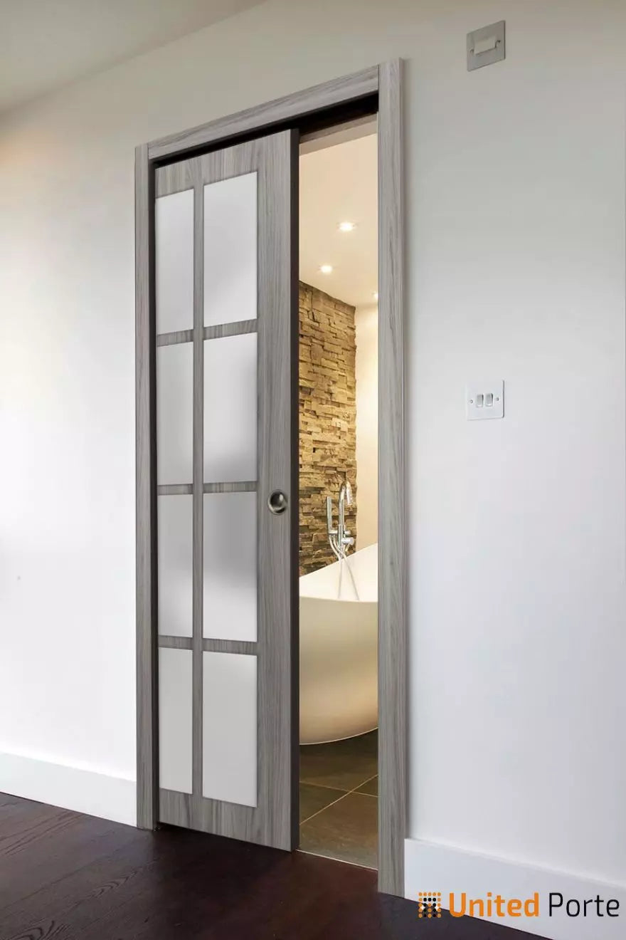 Sliding French Pocket Door with 12 Lites Frosted Glass | Solid Wood Interior Bedroom Sturdy Doors | Buy Doors Online