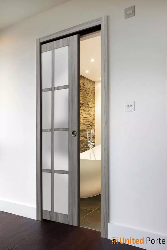 Sliding French Pocket Door with 12 Lites Frosted Glass | Solid Wood Interior Bedroom Sturdy Doors  | Buy Doors Online