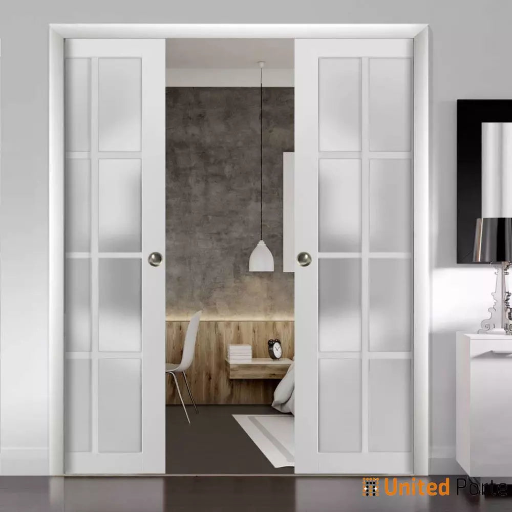 Sliding French Pocket Door with 12 Lites Frosted Glass | Solid Wood Interior Bedroom Sturdy Doors | Buy Doors Online