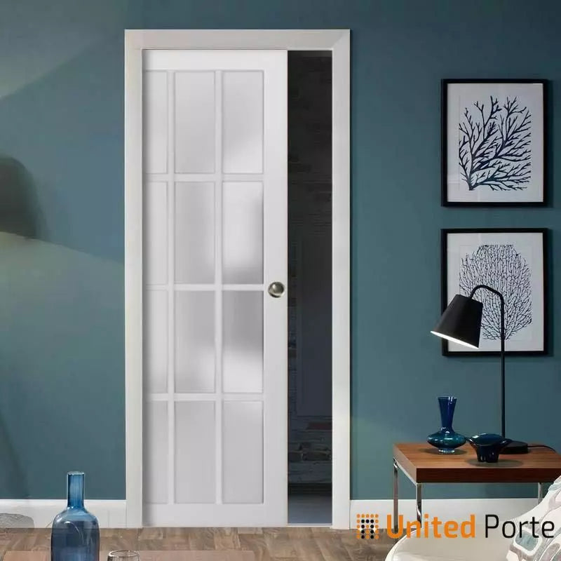 Sliding French Pocket Door with 12 Lites Frosted Glass | Solid Wood Interior Bedroom Sturdy Doors | Buy Doors Online