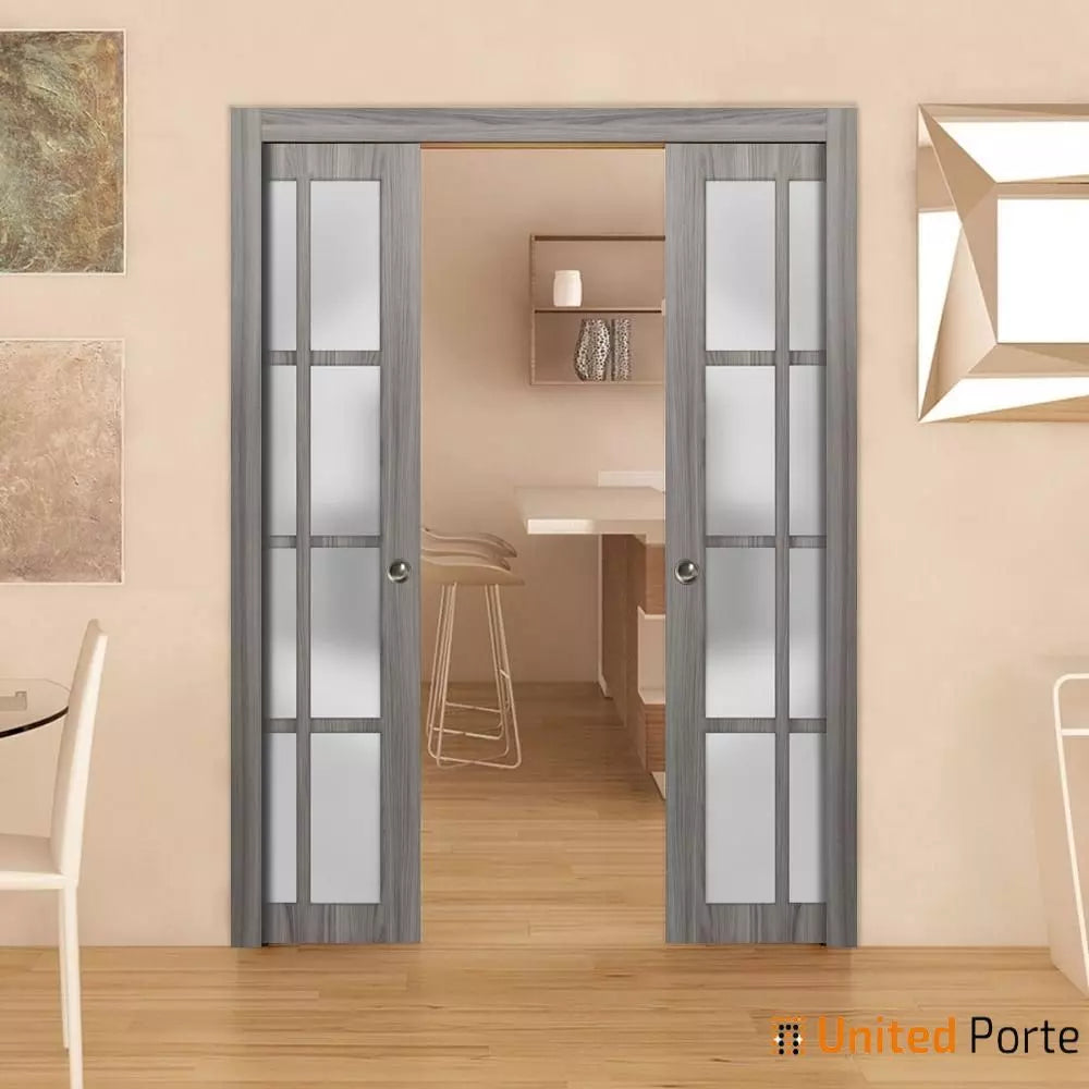 Sliding French Pocket Door with 12 Lites Frosted Glass | Solid Wood Interior Bedroom Sturdy Doors | Buy Doors Online