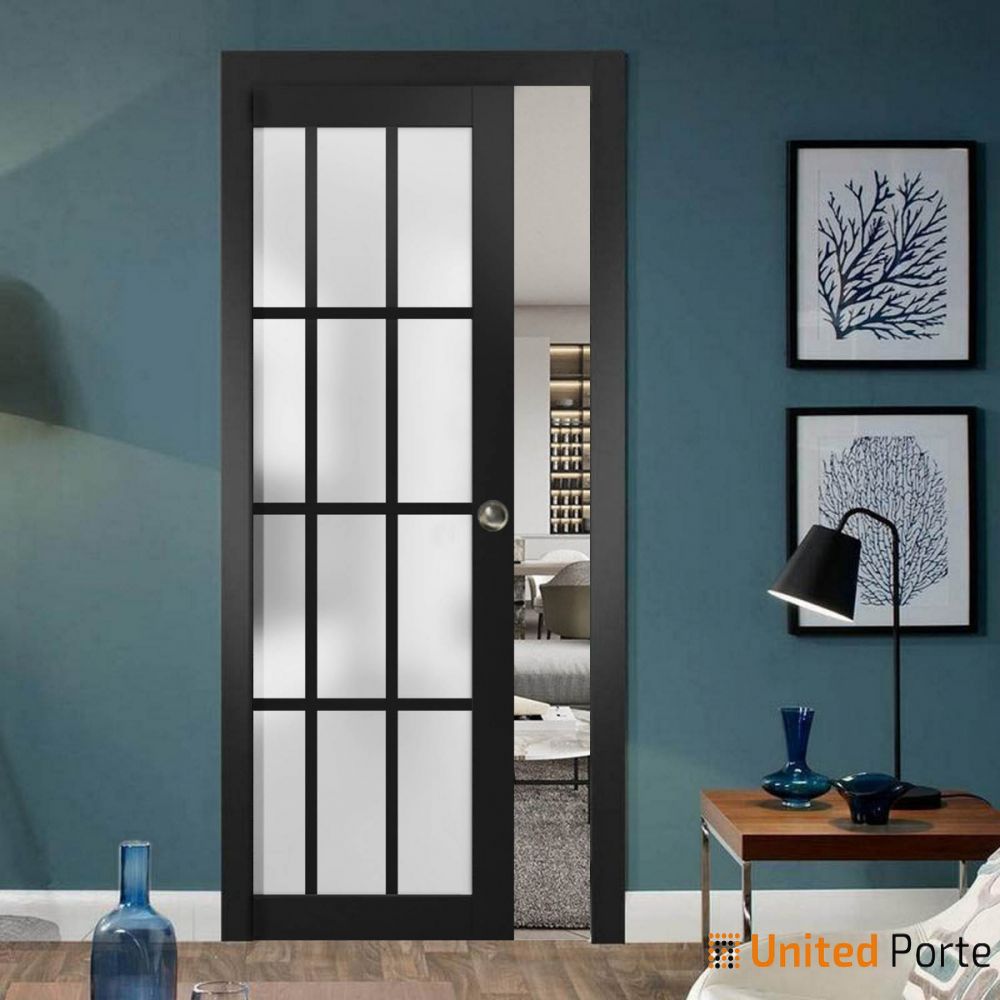Sliding French Pocket Door with 12 Lites Frosted Glass | Solid Wood Interior Bedroom Sturdy Doors | Buy Doors Online