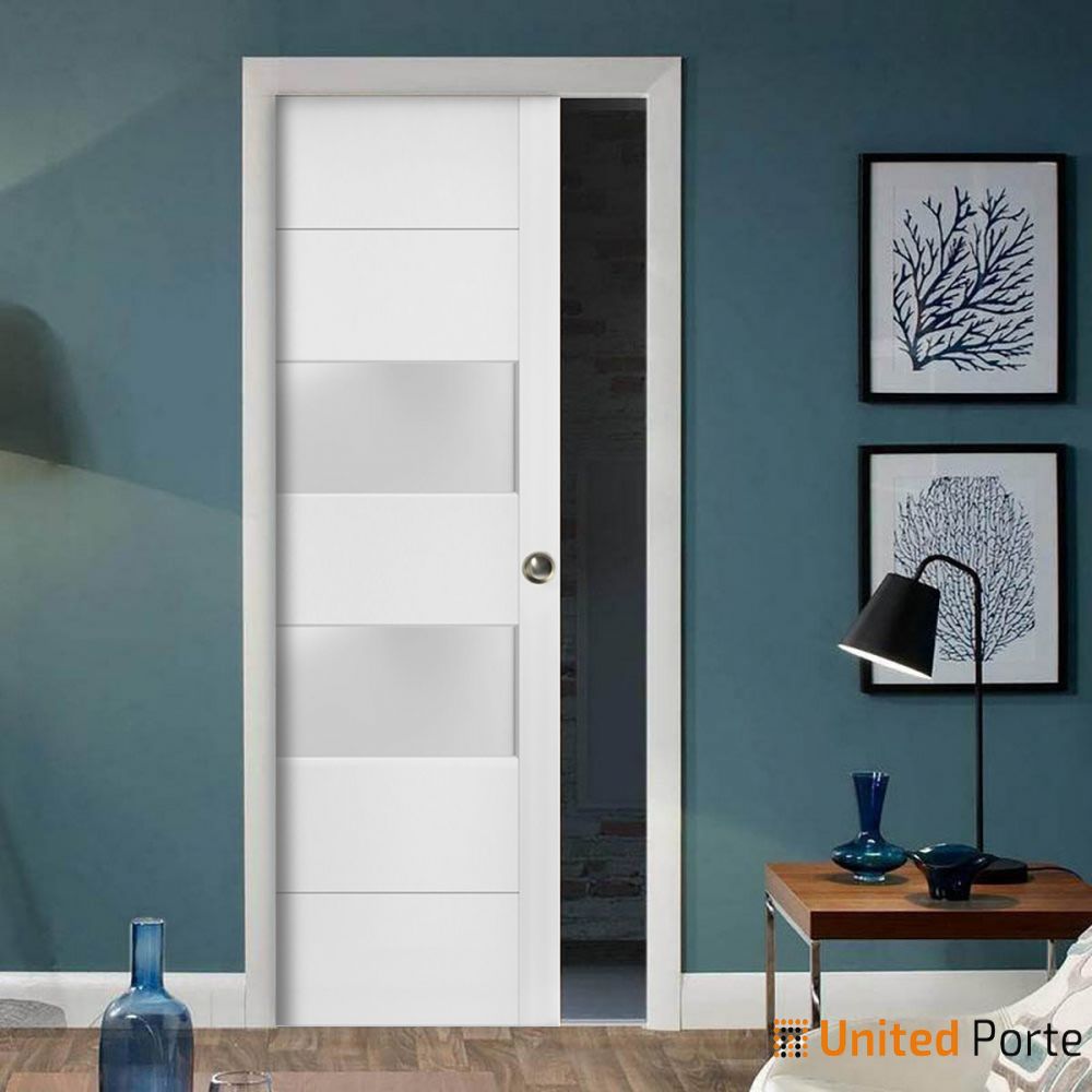 Sliding French Pocket Door with Frosted Glass | Solid Wood Interior Bedroom Sturdy Doors | Buy Doors Online