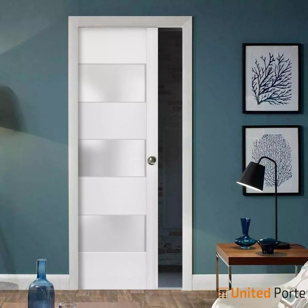 Sliding French Pocket Door with Frosted Glass | Solid Wood Interior Bedroom Sturdy Doors | Buy Doors Online