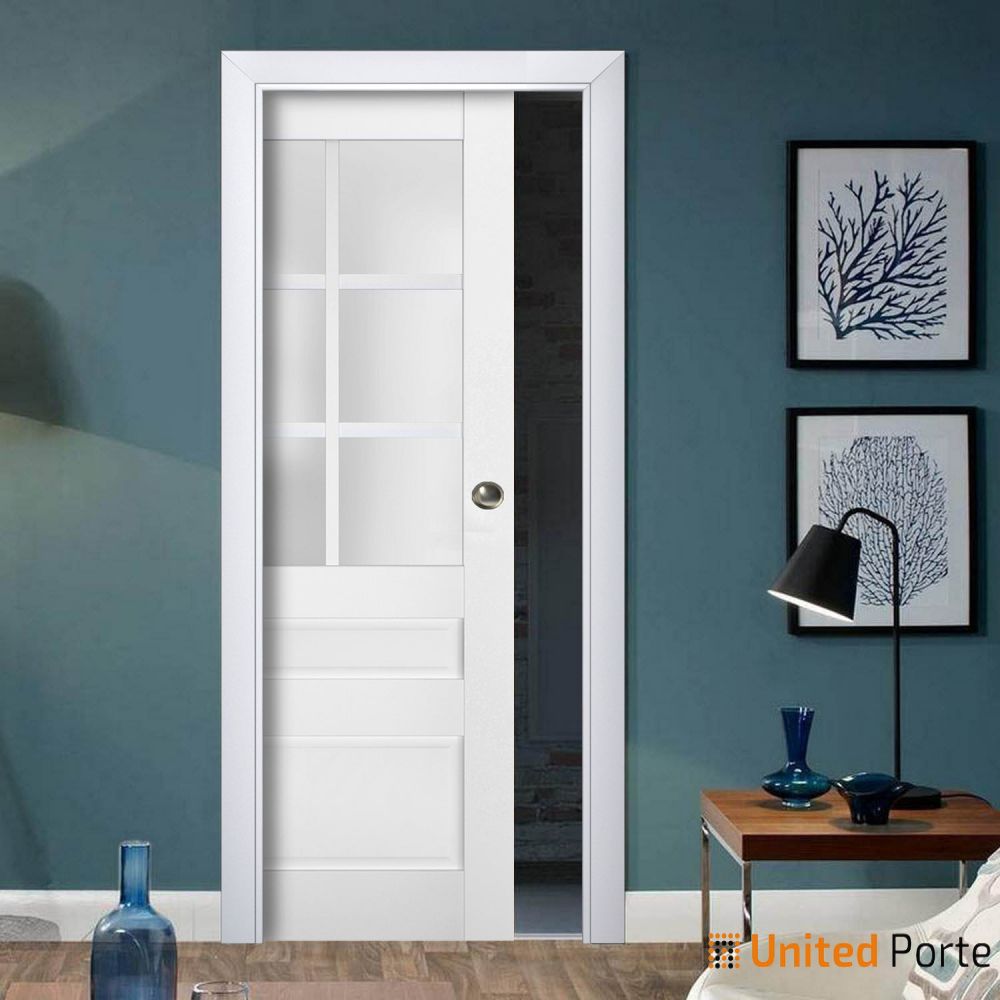 Sliding French Pocket Door with Frosted Glass | Solid Wood Interior Bedroom Sturdy Doors | Buy Doors Online
