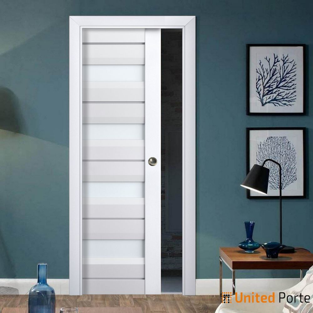 Sliding French Pocket Door with Frosted Glass | Solid Wood Interior Bedroom Sturdy Doors | Buy Doors Online