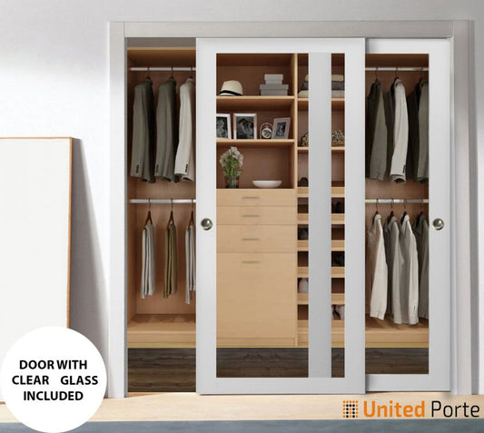 Sliding Closet Bypass Door with Clear Glass | Wood Solid Bedroom Wardrobe Doors | Buy Doors Online