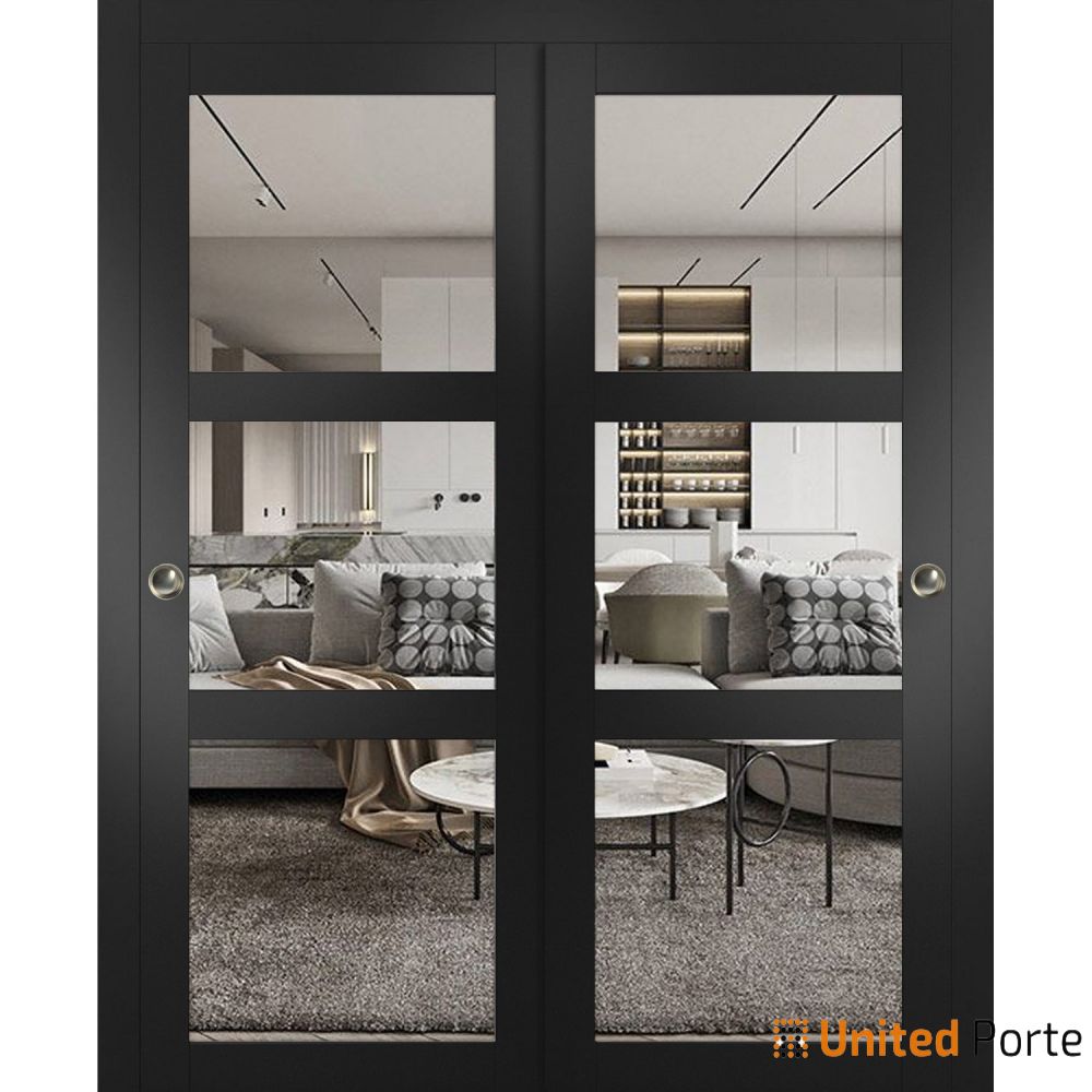Sliding Closet Bypass Door with Clear Glass | Wood Solid Bedroom Wardrobe Doors | Buy Doors Online
