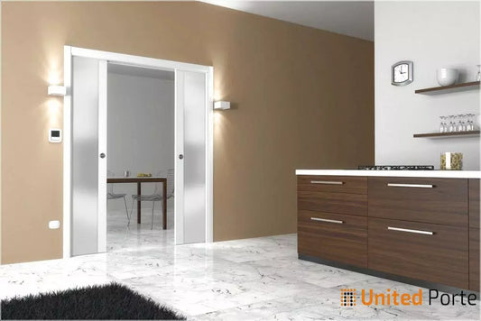 Sliding Double Pocket Door with  Frosted Tempered Glass | Solid Wood Interior  Sturdy Doors |  Buy Doors Online
