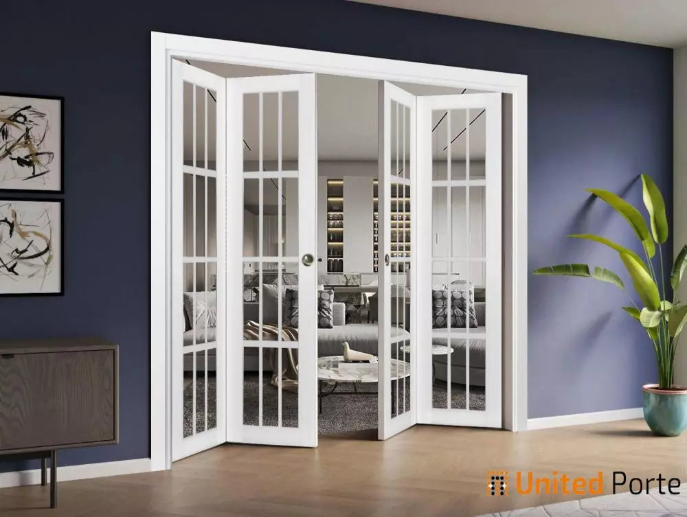 Sliding French Closet Bi-fold Door with Clear Glass | Wood Solid Bedroom Wardrobe Doors | Buy Doors Online